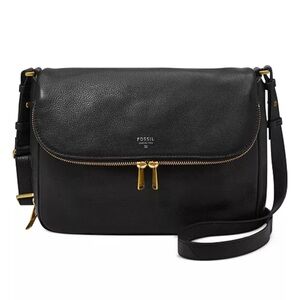 Fossil Preston Foldover Black Pebbled Leather Tote Satchel Shoulder Bag